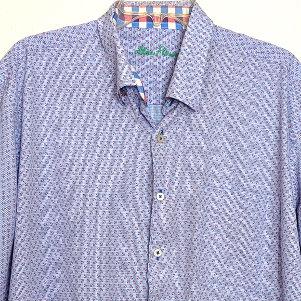 ALAN FLUSSER XL Nautical Button Up Shirt Short Sleeve Anchor Beach 100% Cotton